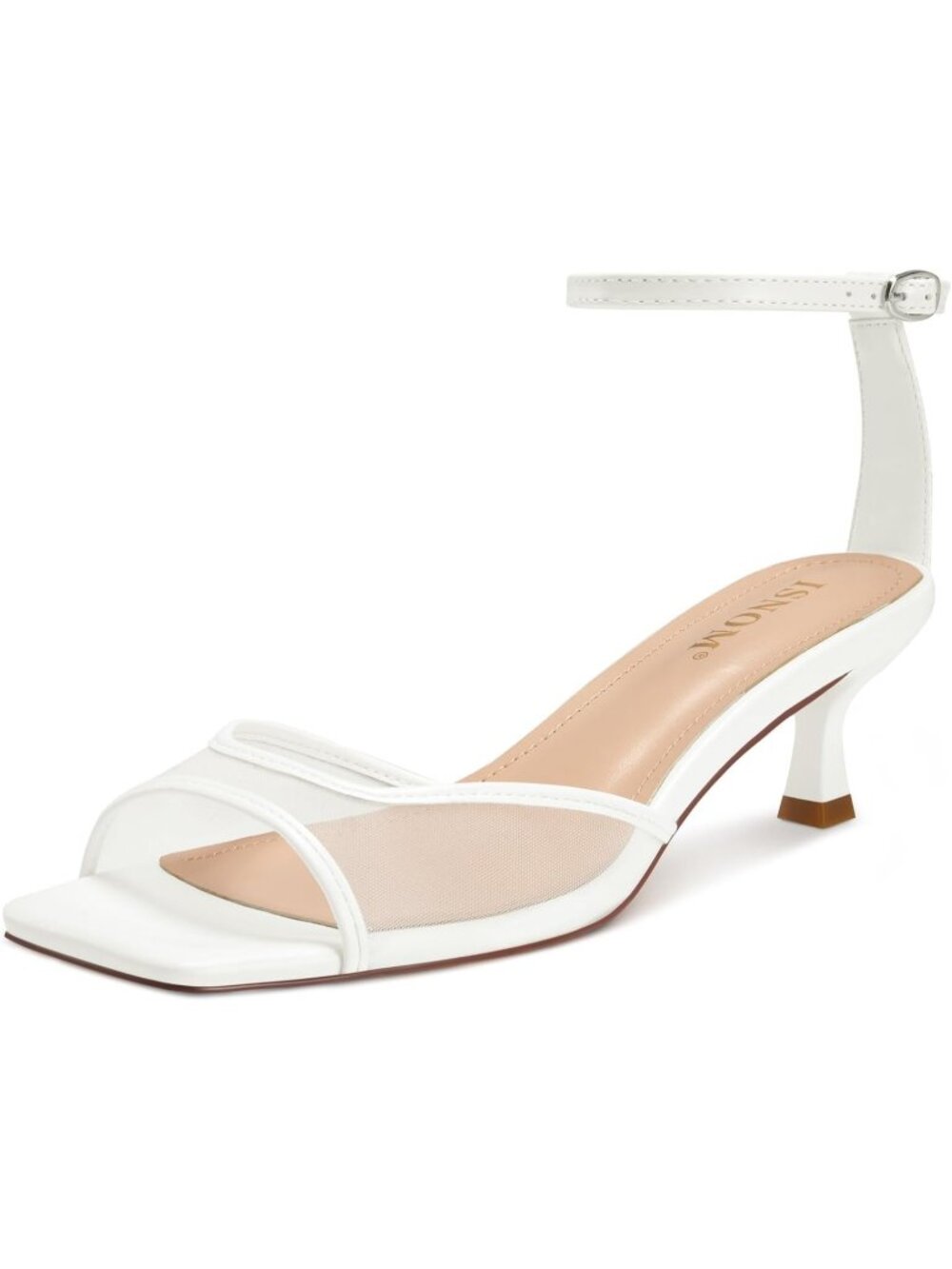 Womens Matte White Mesh Kitten Heels Square Toe Ankle Strap Low Heels Sandals